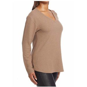 NWOT Chaser Womens Waffle Knit Brown V-Neck Top Shirt Long Sleeve L $50 Z1000